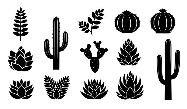  Cactus and Succulent Silhouette Icon Set Featuring Desert Plants, Aloe, Agave, Decorative Leaves, and Botanical Elements for Garden, Nature, and Minimal Design
