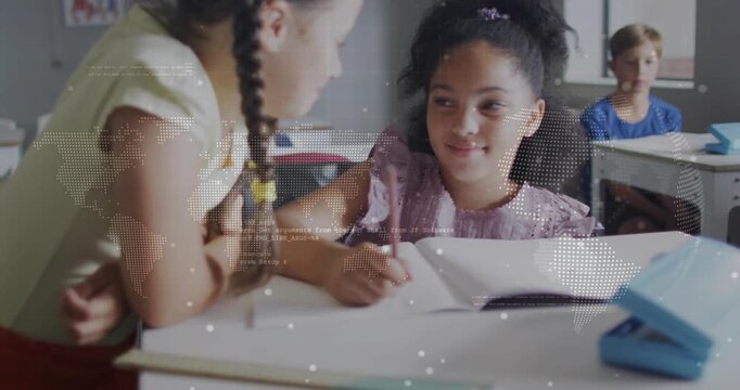 Braided girl starting writing and sharing work classmate watching dotted map over book boy watching