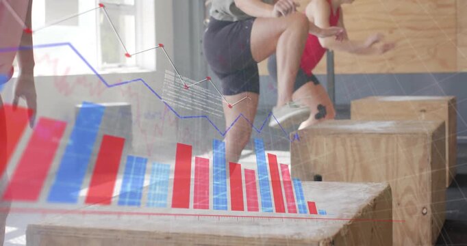 Three women shifting weight, doing plyo stepups for fitness, with see-thru red or blue bars+line dat