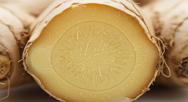 Close up of a fresh ginger root cross section showing its fibrous texture and natural pattern.