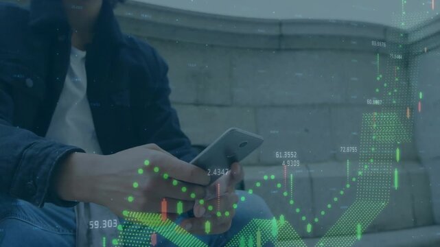 Man tapping phone on ledge, summoning finance HUD chart, camera pulling back, tracking stocks