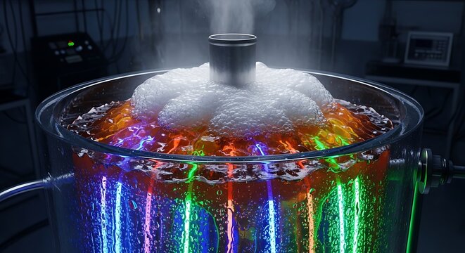 Boiling viscous food creating foamy bubbles with colorful lights