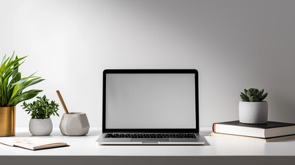 Fototapeta premium A modern desk setup with a laptop, books, and potted plants creating a clean workspace aesthetic