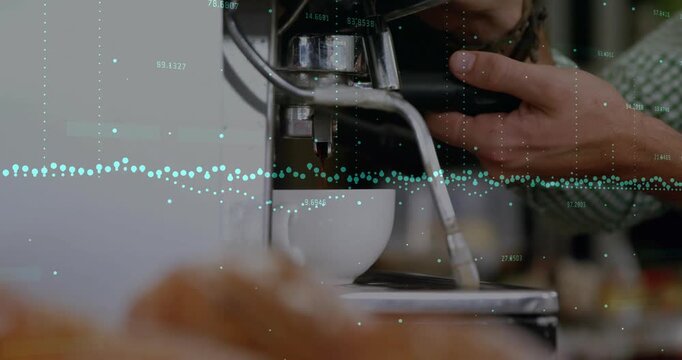 Barista hands locking portafilter and engaging machine, teal overlay tracking coffee prep for cafe