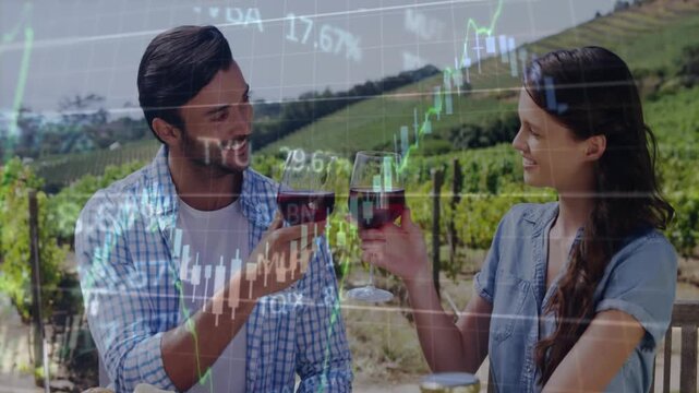 Man and woman clinking glasses in vineyard, initiating animated finance charts growing across frame