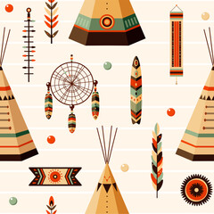 Vector seamless pattern (tiling) with American Indian tribal ornament and teepee. Endless texture can be used for pattern fills, t-shirt print, web page background, fabric design, scrapbooking paper © frenta
