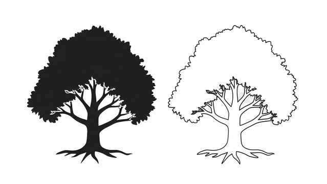 A black and white illustration of two tree silhouettes on transparent background