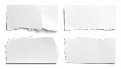 Fototapeta premium Four torn pieces of bright white paper isolated on a white background, shadows