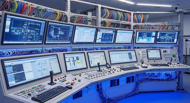 Control room system with multiple computer monitors and wiring