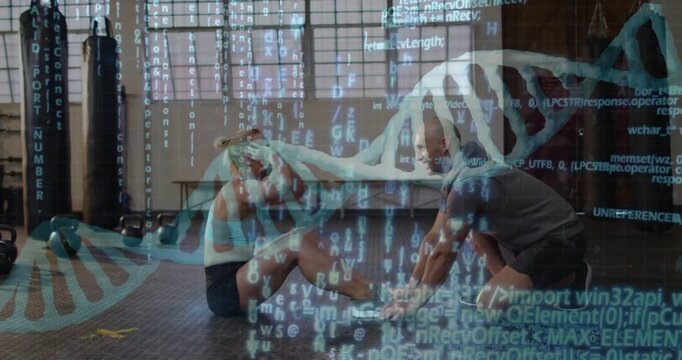 Coach kneeling placing hands on anchor trainee doing sit-up reps for fitness with DNA helix overlay