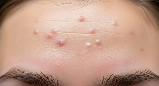 Close-up of a young persons forehead with multiple pimples and acne breakouts.