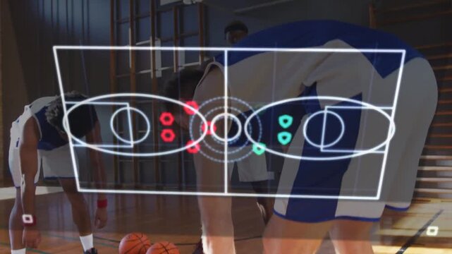 Jersey 4 bending and reaching ball while team gathering for sports training overlay mapping roles