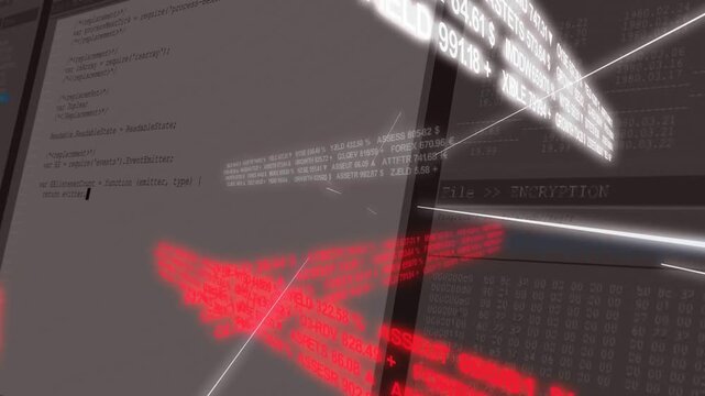 Shifting camera, 3D ribbon sliding before dual monitors, revealing white ticker, red block