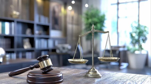 Symbolic justice, legal authority, crucial fairness, balanced judgment, and ethical decision making, representing the core principles of law and order within a modern court environment