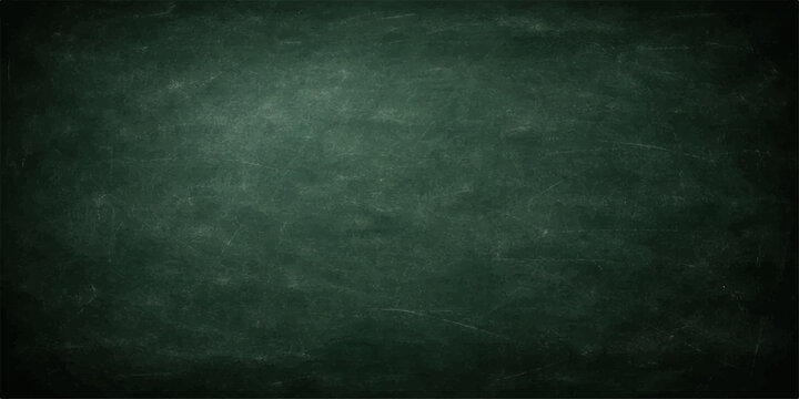 A vintage blank chalkboard with a dark green grunge texture and a rough aged frame provides an empty retro backdrop for school design