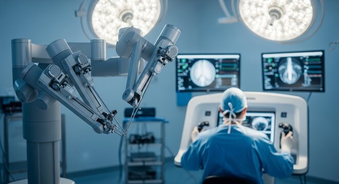 Surgeon using robotic surgery equipment.