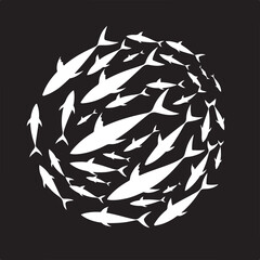 Obraz premium School of sharks swimming in circular pattern with silhouette style for ocean theme icons.