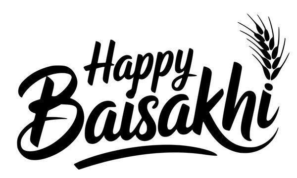 Happy Baisakhi elegant black calligraphy lettering with wheat stalk accent, a stylish typographic greeting design for the Punjabi harvest festival celebration in minimalist monochrome style