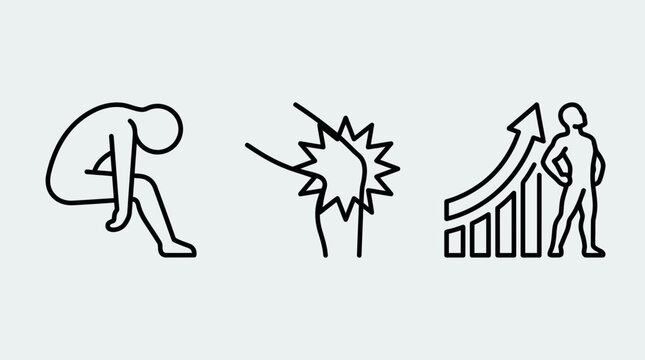 Minimalist medical line icons of joint pain and recovery, set of 3 vector symbols for physical therapy, knee injury and health improvement progress
