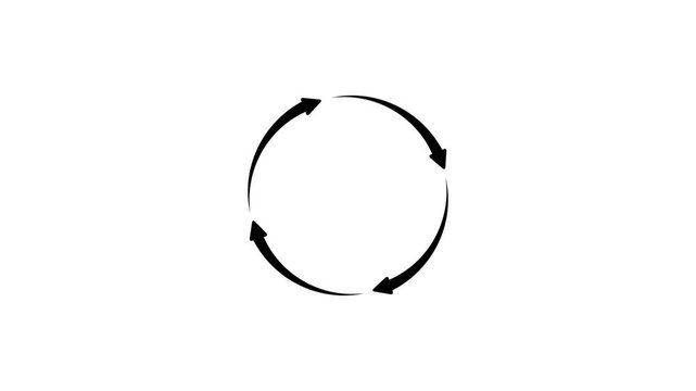 Recycle symbol, black color four arrow circle cycle rotating. reload, rotation, reset, loop sign, and Circle arrow refresh and reload icon animation with loading progress, with 4k video animation.