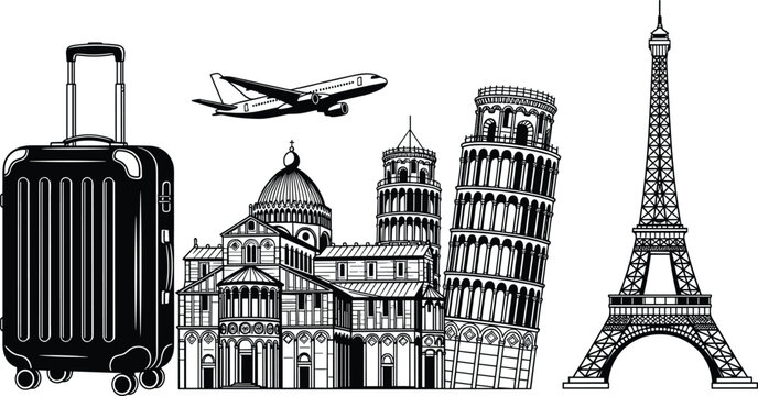 Black and white line art of travel suitcase, airplane, Eiffel Tower, Leaning Tower of Pisa and European landmarks, vacation and tourism concept set. (24 words)