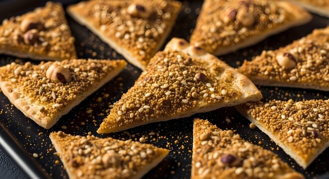 Dukkah Sprinkled Lavash Crisps Golden Triangle Tray, A Middle Eastern Snack Rich With Nuts, Seeds, And Spices, Offering Crunchy Texture And Warm Aromatic Flavor