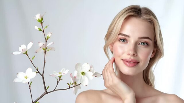 Beauty woman touching cheek with dogwood white background right composition copy space