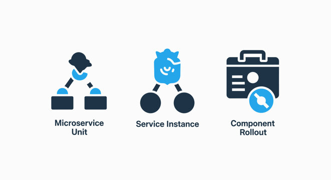 Microservice architecture icons: unit, instance, and component icons for software development and networking