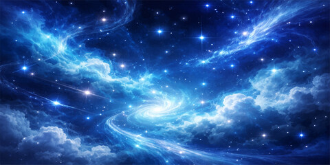 An abstract deep blue universe background features a bright nebula cloud and a dark cosmos field filled with glowing outer space stars © lima