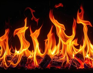 Fototapeta premium Intense flames flicker and dance over glowing embers of burning logs.