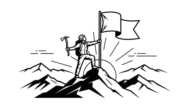 Man standing on mountain with flag.