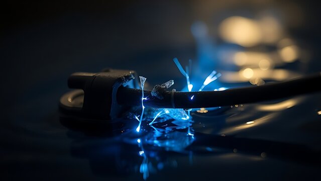 ignitable. A damaged electrical wire submerged in water, emitting faint blue sparks. STEM education sheets, lab safety posters, designed for biotech research communications, used by PR specialists.
