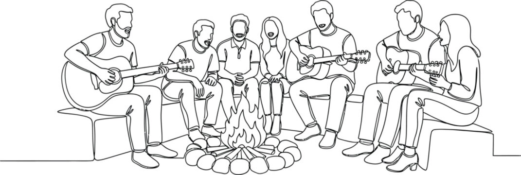 guitar players sitting around a campfire