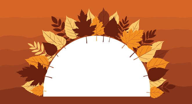 Autumn themed background featuring a half-circle frame of colorful fall leaves in shades of orange brown and yellow.