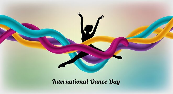 A colorful poster for international dance day with a silhouette of a dancer