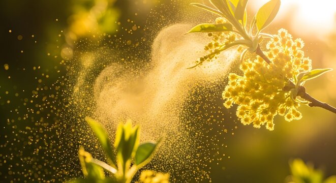 A vibrant yellow plant blooms in the sunlight with pollen particles flying through the air.