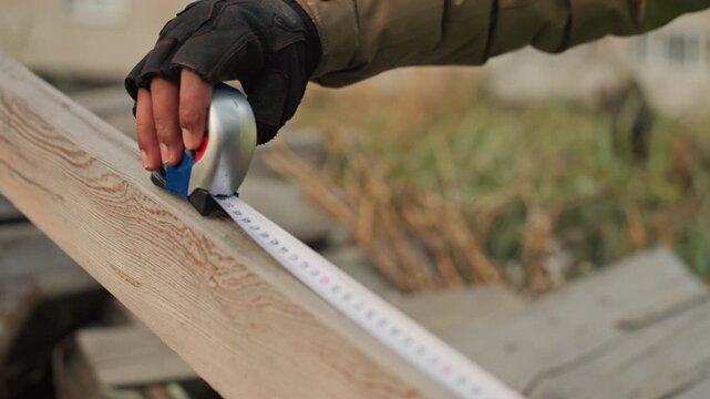 Hands measuring plank for fast fix, gloved hand pulls tape and marks length on worn timber, closeup motion shows slide of tape, preparing quick repair or patch, field setting with rustic boards