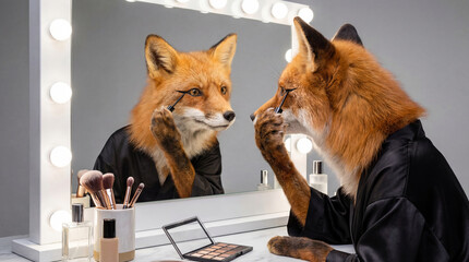 Fototapeta premium Fox with anthropomorphic body applying eyeliner in front of illuminated mirror. Metaphor for animal testing in cruelty free cosmetics industry. Surreal beauty routine concept.