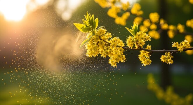 A close-up of a tree branch with yellow flowers and pollen blowing in the wind during a sunny day