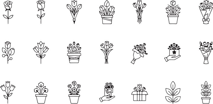 Collection of various flower and bouquet icons in line art style, including roses, tulips, and potted plants for gifts.