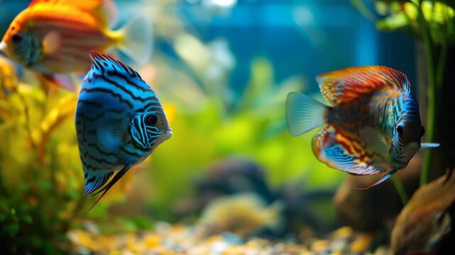 Vibrant discus fish swimming in aquarium with colorful aquatic plants and blurred background 4k video