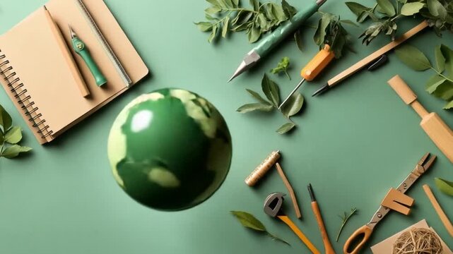 Assorted tools, a globe, and plants on a muted green surface