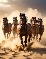 Fototapeta premium A herd of horses gallops across a sandy landscape under a cloudy sky.