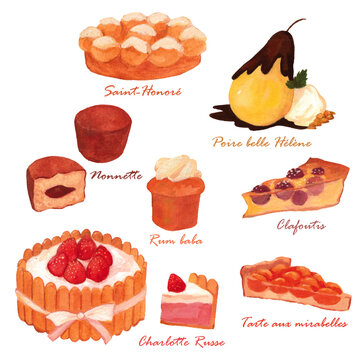 Watercolor French dessert set with Saint Honore, Poire Belle Helene, Nonnette, Rum Baba, Clafoutis, Charlotte Russe, and Mirabelle tart, hand painted pastry illustration for menu, cafe, and bakery des