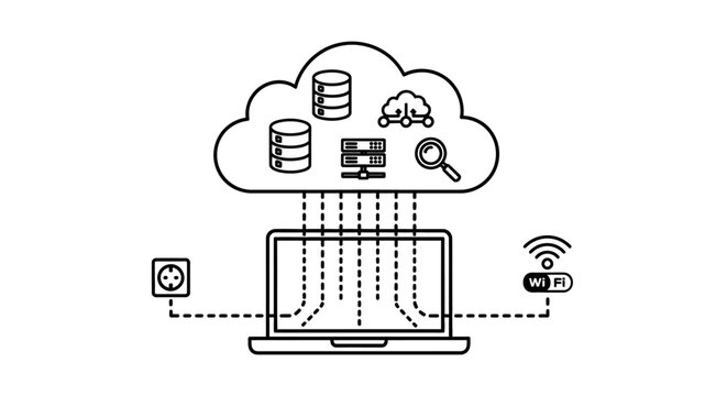 Laptop with cloud computing icons.