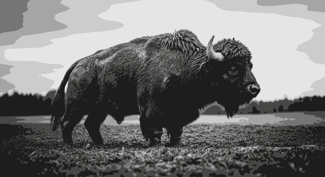 Large bison standing on grassy field.