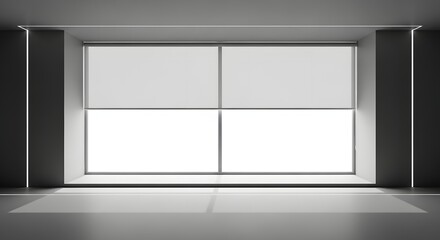 Fototapeta premium Large interior architectural space features a wide, modern window divided into four panes with white roller blinds covering the glass.