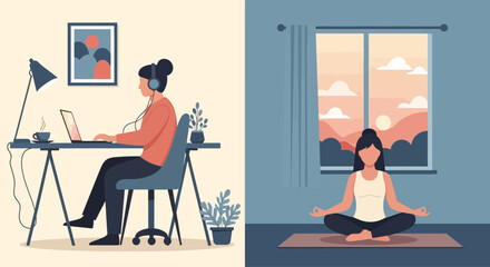 Obraz premium Woman working on laptop and meditating at home, work-life balance concept