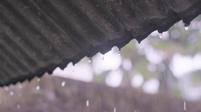 Cinematic Rain Water Dripping from Zinc Roof Eaves in Slow Motion