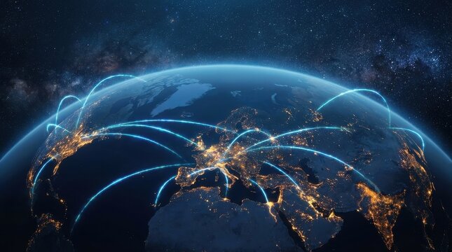 Connected planet at night: glowing cities linked by blue data arcs across Earth&rsquo;s surface, illustrating global networks, digital trade, and real-time communication flows

